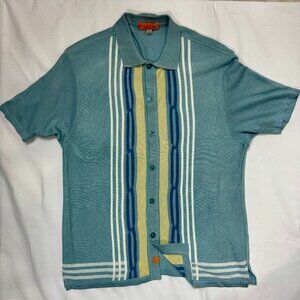 Light Blue Retro Stripe Short Ramie Sleeve Button Front Shirt - Size L